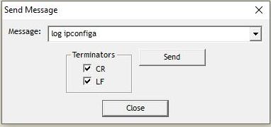 Enter log ipconfiga in the message field, tick the CR and LF boxes, and click Send